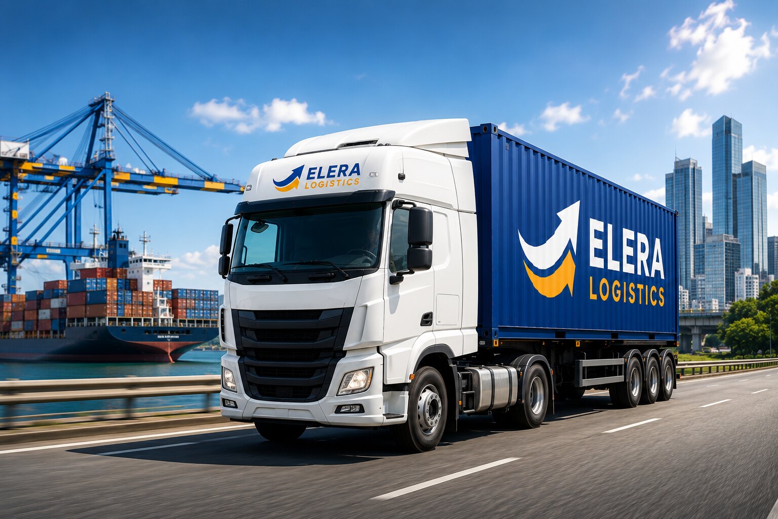 ELERA Logistics truck hauling a branded container along a coastal expressway past a container port